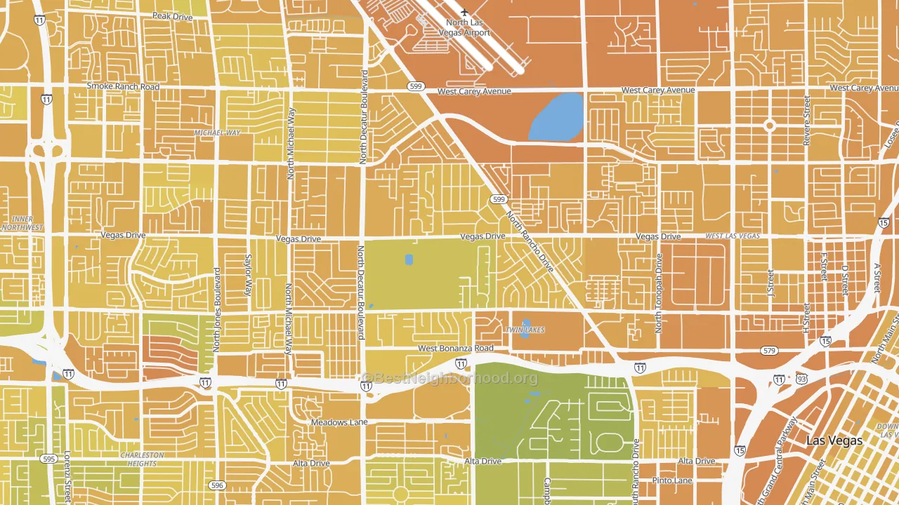 Map of the best neighborhoods in the Twin Lakes, Las Vegas area, with better matches in green and worse matches in red