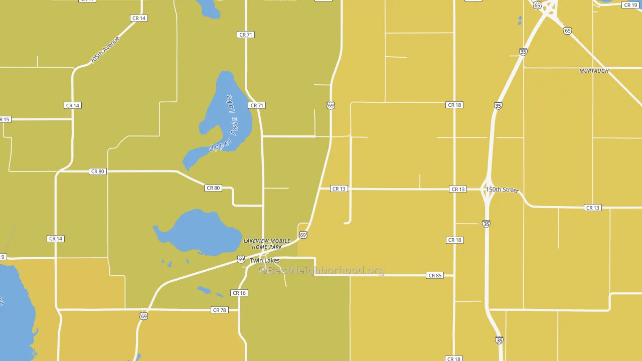 Map of the best neighborhoods in the Twin Lakes area, with better matches in green and worse matches in red