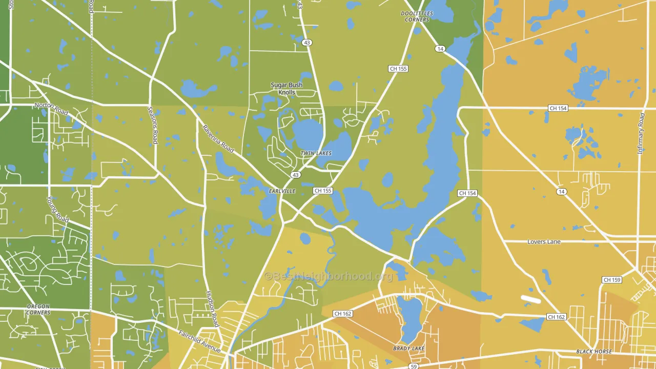 Map of the best neighborhoods in the Twin Lakes area, with better matches in green and worse matches in red
