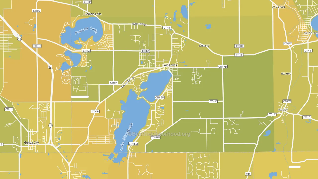 Map of the best neighborhoods in the Twin Lakes area, with better matches in green and worse matches in red