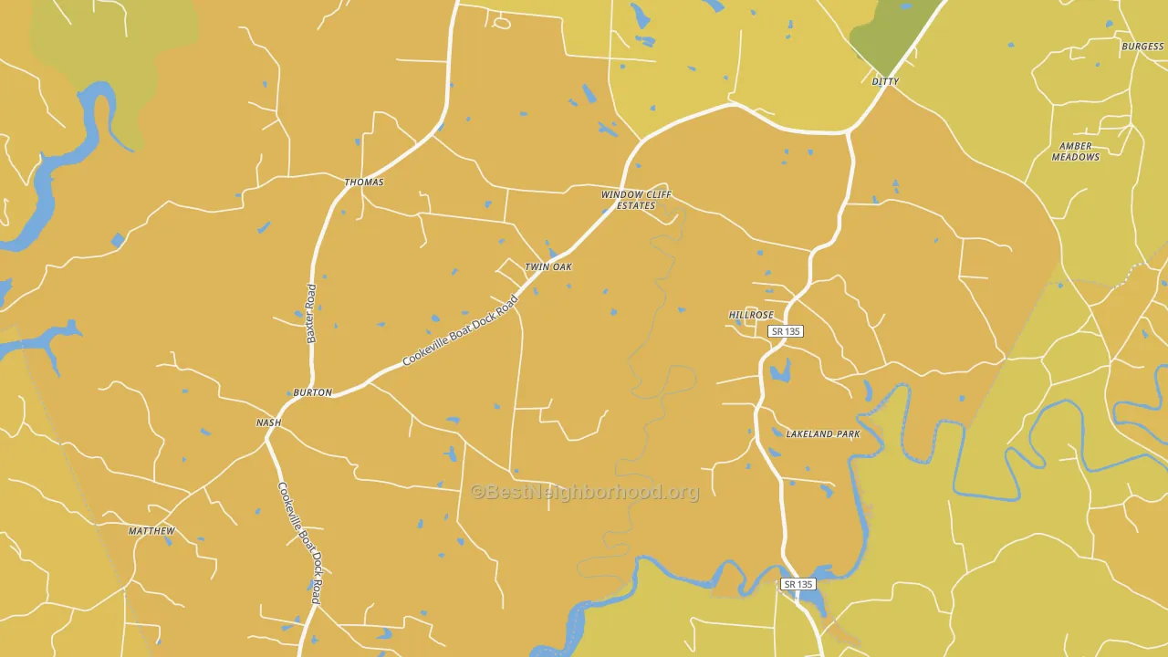Map of the best neighborhoods in the Twin Oak area, with better matches in green and worse matches in red