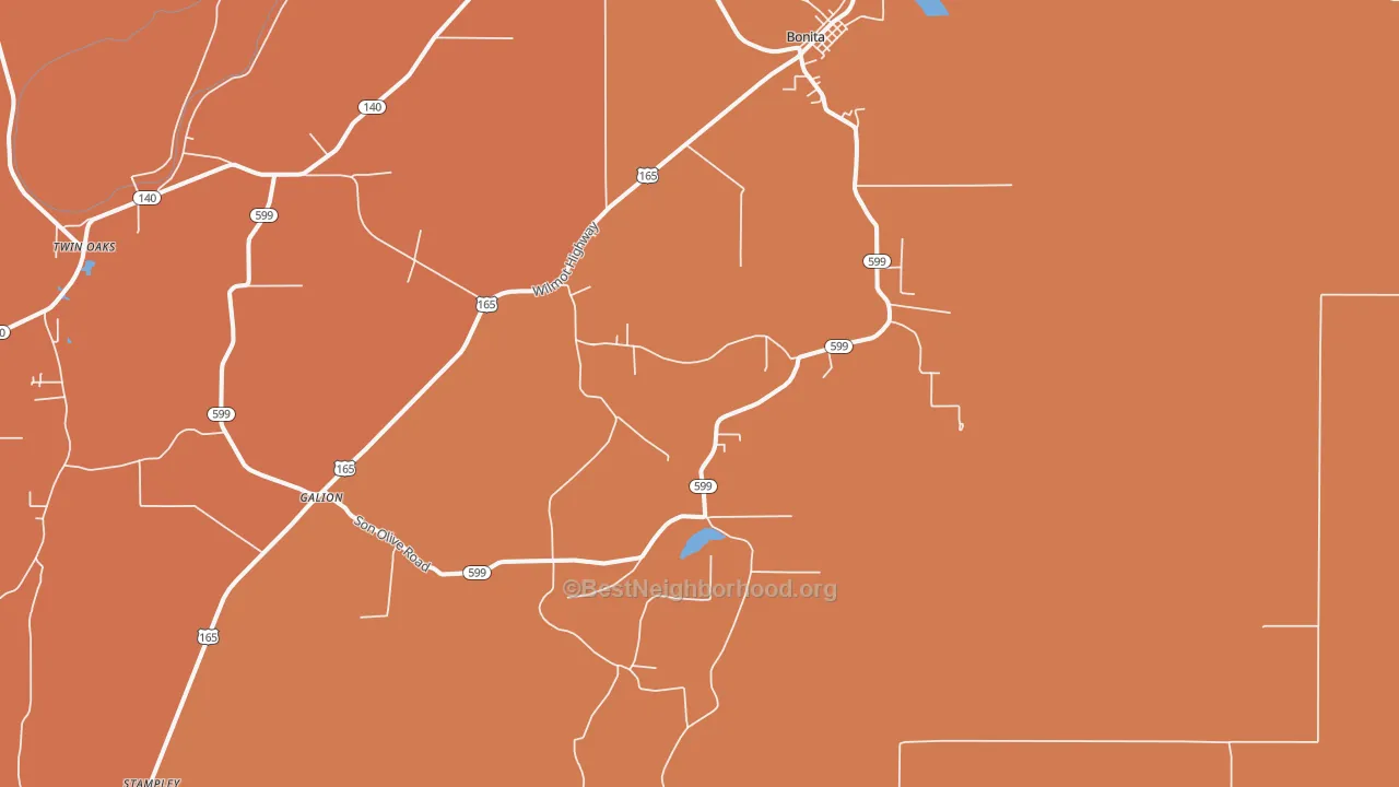 Map of the best neighborhoods in the Twin Oaks area, with better matches in green and worse matches in red