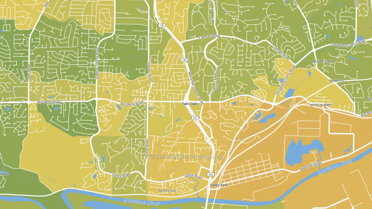 Map of the best neighborhoods in the Twin Oaks area, with better matches in green and worse matches in red