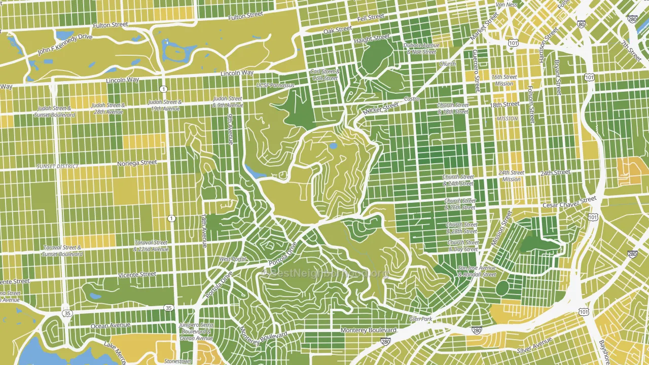 Map of the best neighborhoods in the Twin Peaks, San Francisco area, with better matches in green and worse matches in red