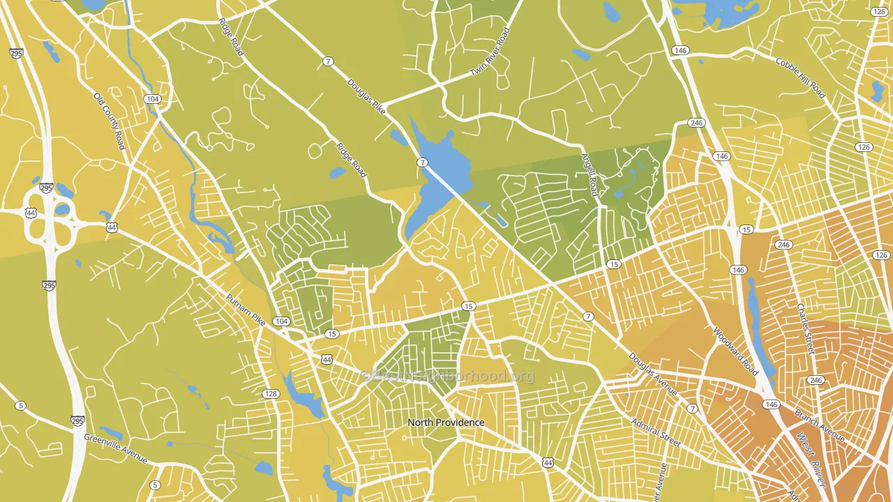 Map of the best neighborhoods in the Twin Rivers Beach, Providence area, with better matches in green and worse matches in red