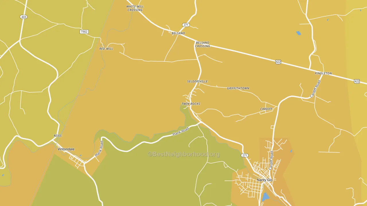 Map of the best neighborhoods in the Twin Rocks area, with better matches in green and worse matches in red
