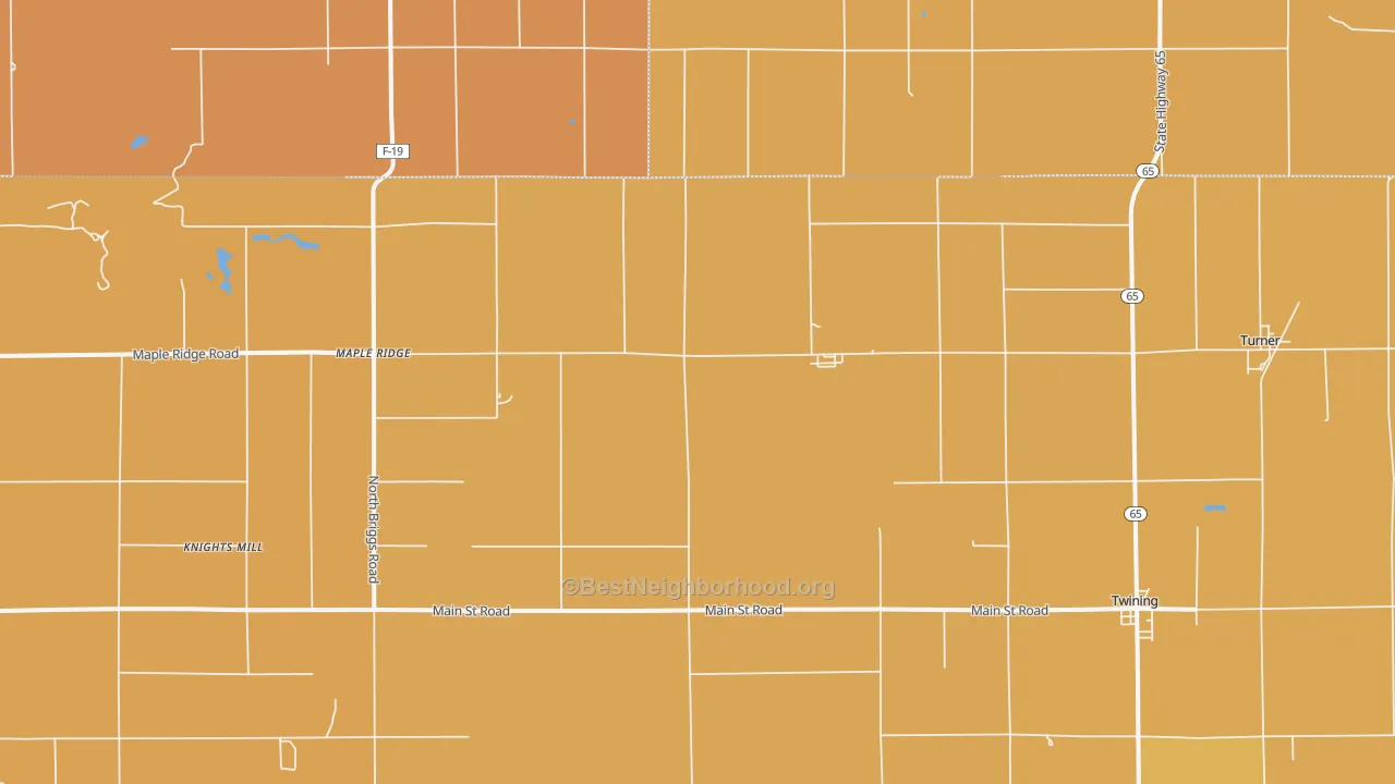 Map of the best neighborhoods in the Twining area, with better matches in green and worse matches in red