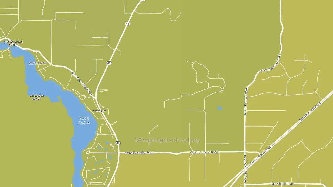 Map of the best neighborhoods in the Twinlow area, with better matches in green and worse matches in red