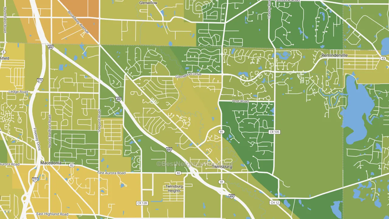 Map of the best neighborhoods in the Twinsburg area, with better matches in green and worse matches in red
