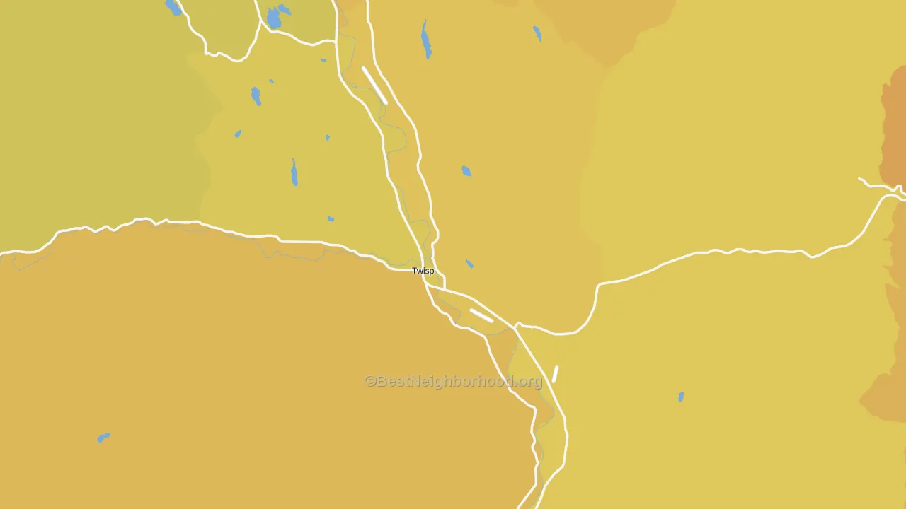 Map of the best neighborhoods in the Twisp area, with better matches in green and worse matches in red