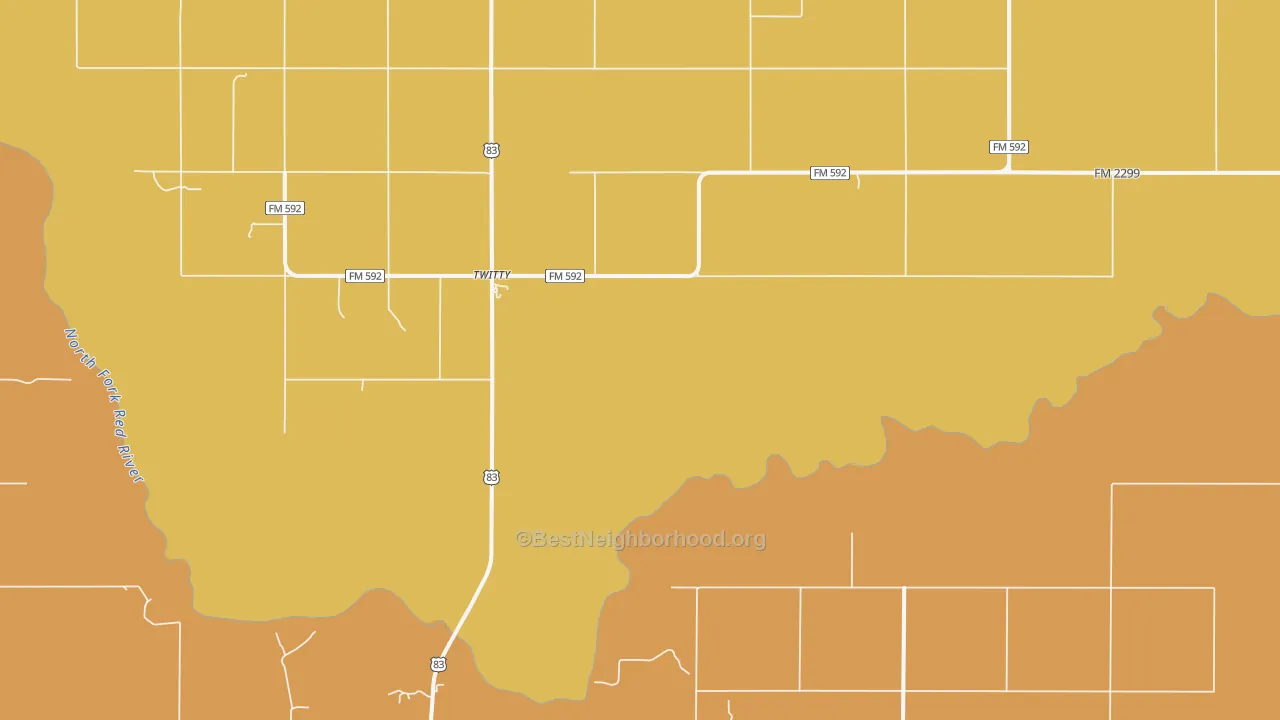 Map of the best neighborhoods in the Twitty area, with better matches in green and worse matches in red