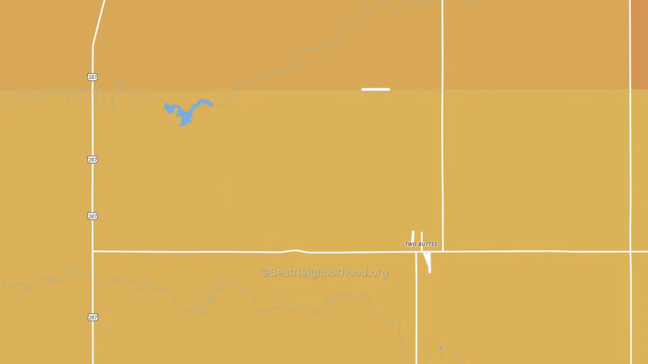 Map of the best neighborhoods in the Two Buttes area, with better matches in green and worse matches in red