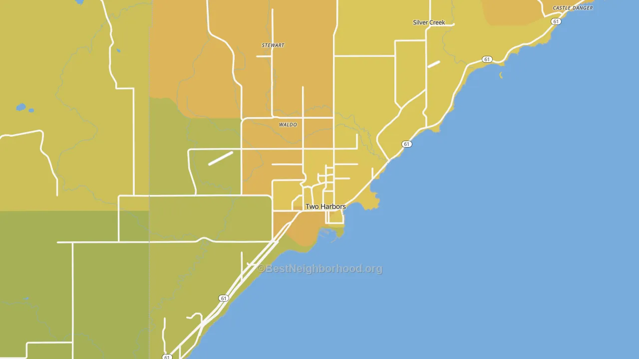 Map of the best neighborhoods in the Two Harbors area, with better matches in green and worse matches in red