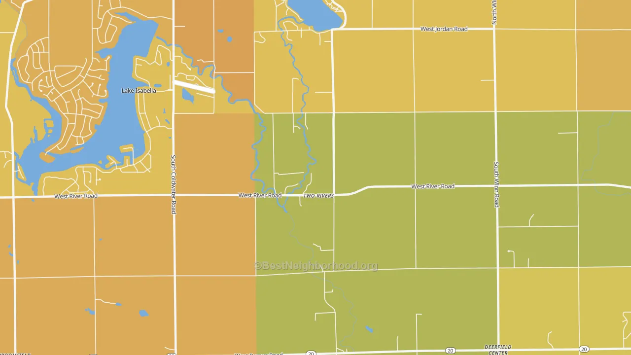 Map of the best neighborhoods in the Two Rivers area, with better matches in green and worse matches in red