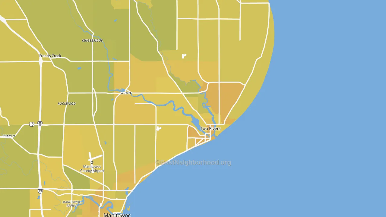 Map of the best neighborhoods in the Two Rivers area, with better matches in green and worse matches in red