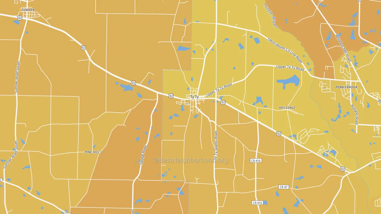 Map of the best neighborhoods in the Ty Ty area, with better matches in green and worse matches in red