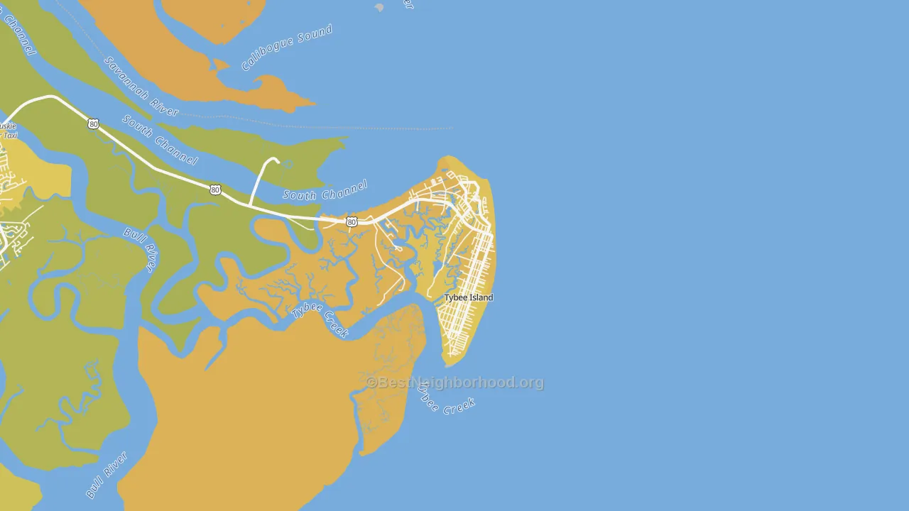 Map of the best neighborhoods in the Tybee Island area, with better matches in green and worse matches in red