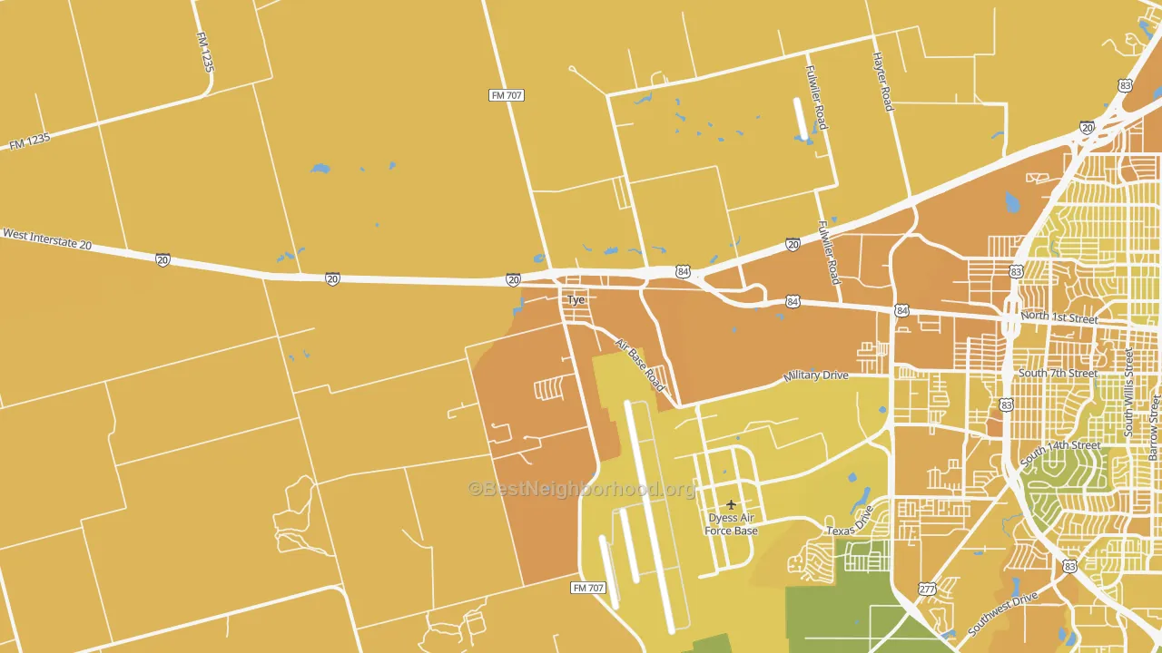 Map of the best neighborhoods in the Tye area, with better matches in green and worse matches in red
