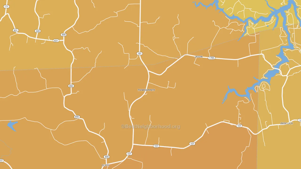 Map of the best neighborhoods in the Tyewhoppety area, with better matches in green and worse matches in red