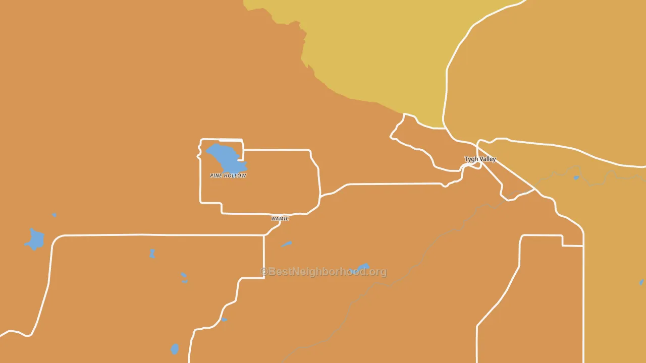 Map of the best neighborhoods in the Tygh Valley area, with better matches in green and worse matches in red