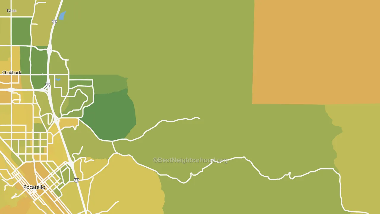 Map of the best neighborhoods in the Tyhee area, with better matches in green and worse matches in red