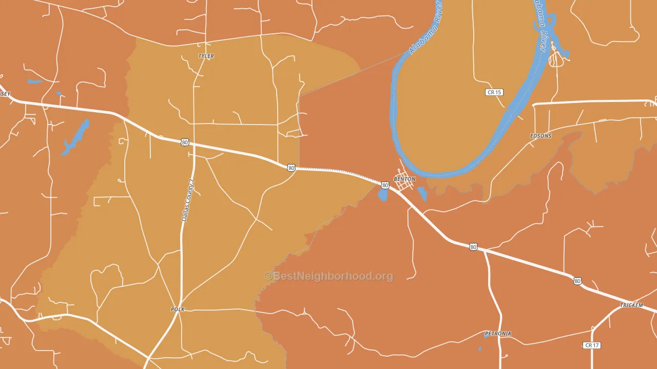 Map of the best neighborhoods in the Tyler area, with better matches in green and worse matches in red