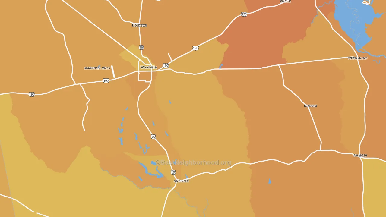 Map of the best neighborhoods in the Tyler County area, with better matches in green and worse matches in red
