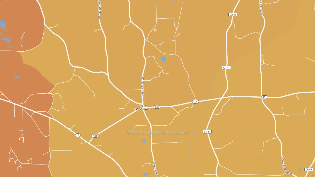 Map of the best neighborhoods in the Tyler Crossroads area, with better matches in green and worse matches in red