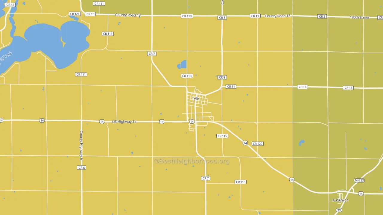 Map of the best neighborhoods in the Tyler area, with better matches in green and worse matches in red