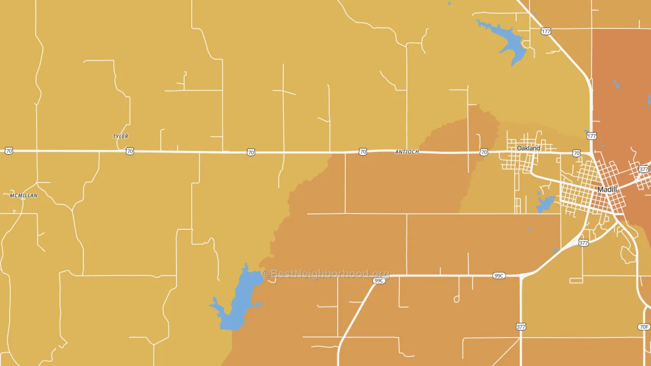 Map of the best neighborhoods in the Tyler area, with better matches in green and worse matches in red