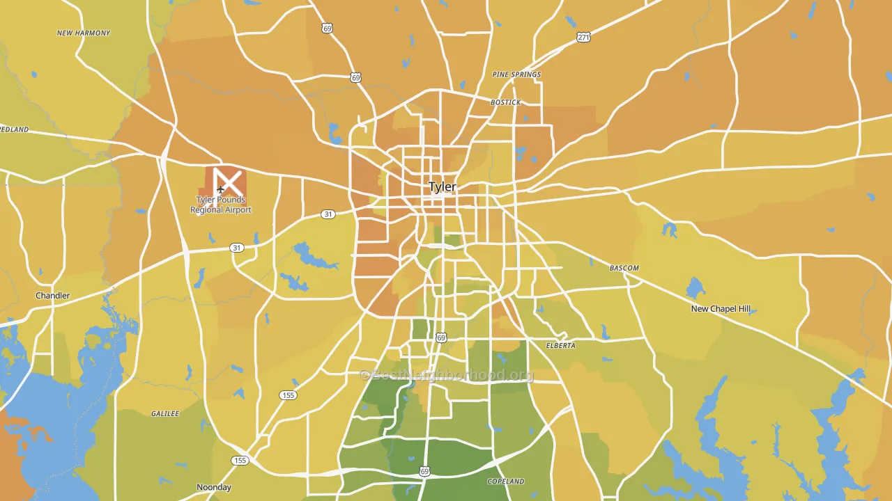 Map of the best neighborhoods in the Tyler Metro area, with better matches in green and worse matches in red
