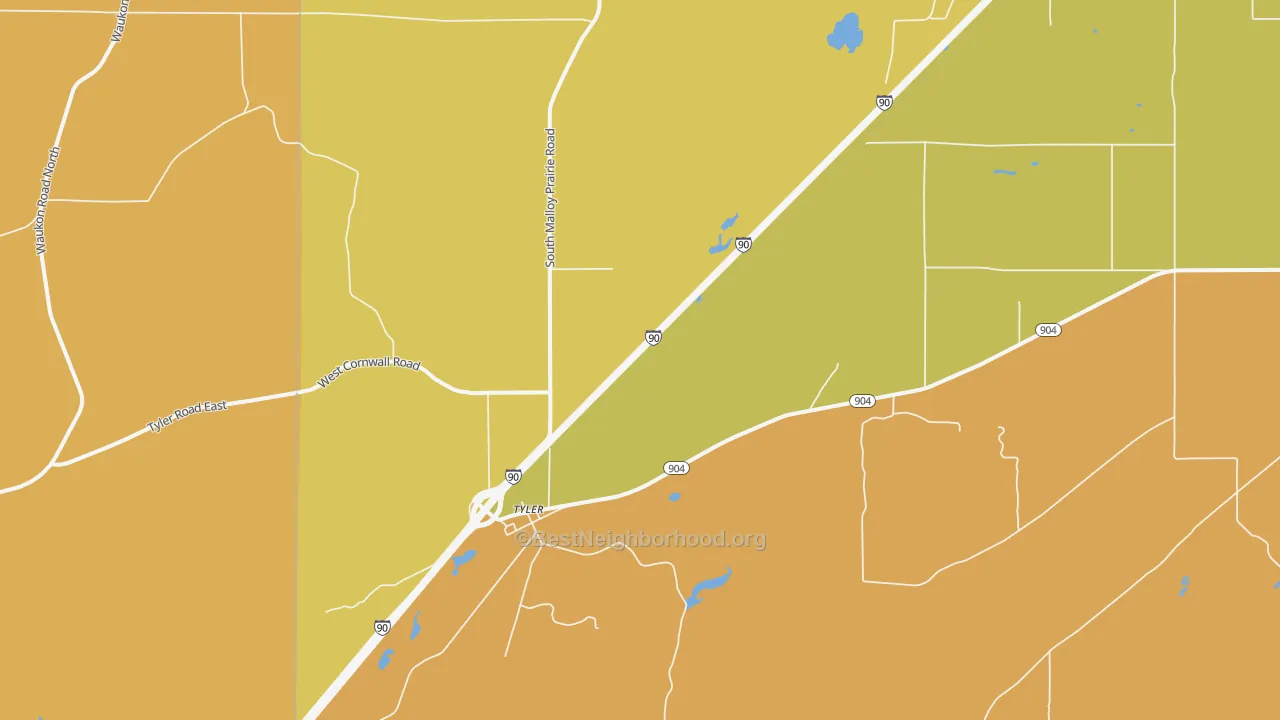 Map of the best neighborhoods in the Tyler area, with better matches in green and worse matches in red