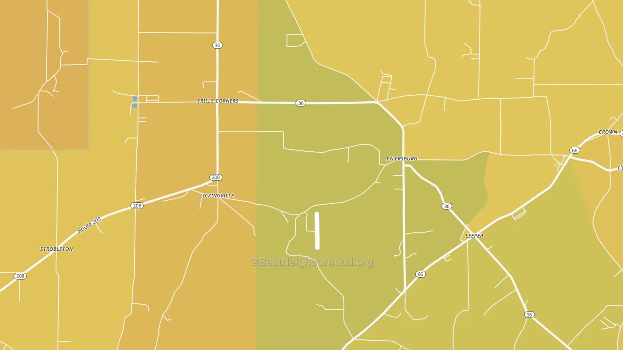 Map of the best neighborhoods in the Tylersburg area, with better matches in green and worse matches in red