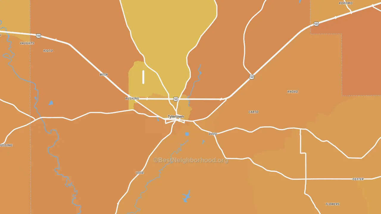 Map of the best neighborhoods in the Tylertown area, with better matches in green and worse matches in red
