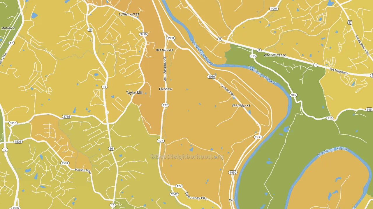Map of the best neighborhoods in the Tylor Mill area, with better matches in green and worse matches in red