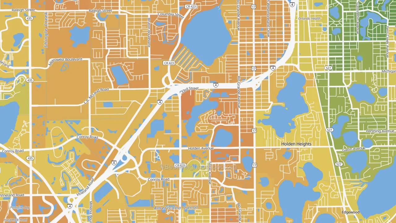 Map of the best neighborhoods in the Tymber Skan on the Lake, Orlando area, with better matches in green and worse matches in red