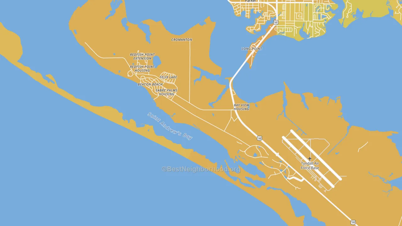 Map of the best neighborhoods in the Tyndall AFB area, with better matches in green and worse matches in red