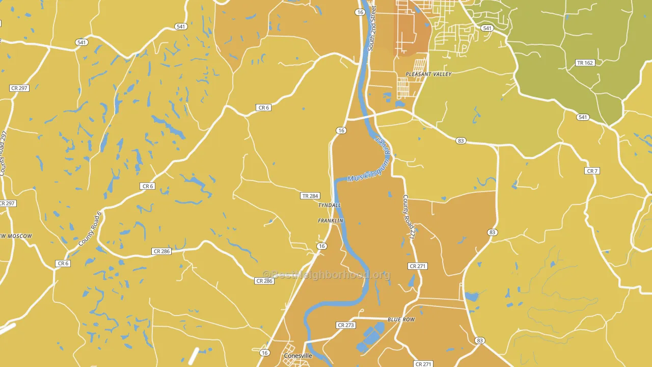 Map of the best neighborhoods in the Tyndall area, with better matches in green and worse matches in red