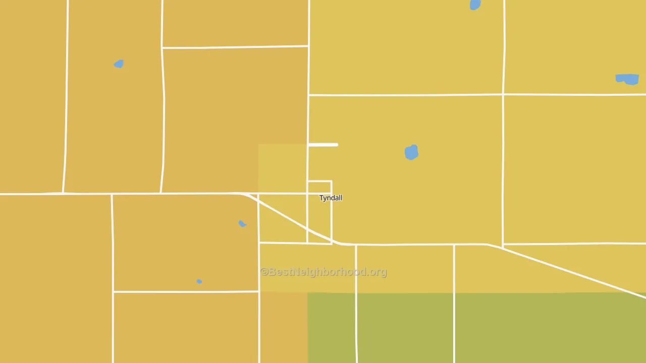 Map of the best neighborhoods in the Tyndall area, with better matches in green and worse matches in red