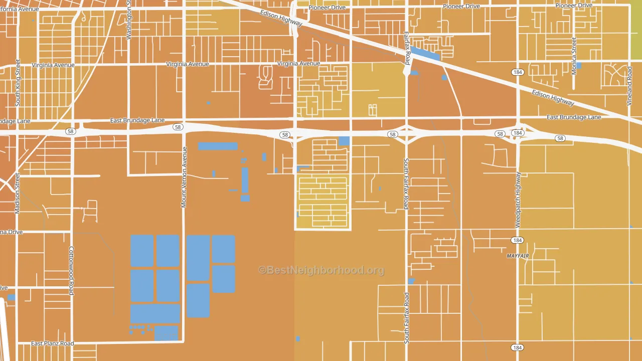 Map of the best neighborhoods in the Tyner Homes, Bakersfield area, with better matches in green and worse matches in red