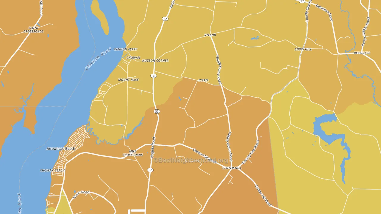 Map of the best neighborhoods in the Tyner area, with better matches in green and worse matches in red