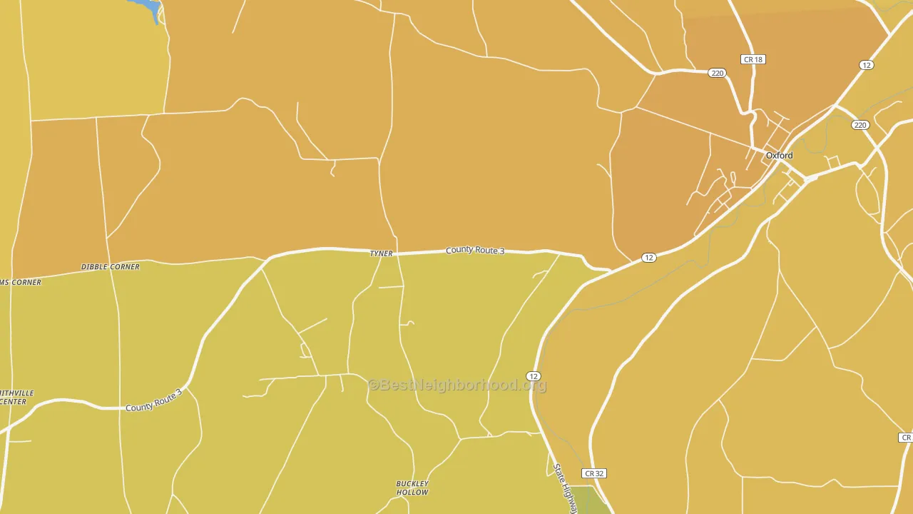 Map of the best neighborhoods in the Tyner area, with better matches in green and worse matches in red
