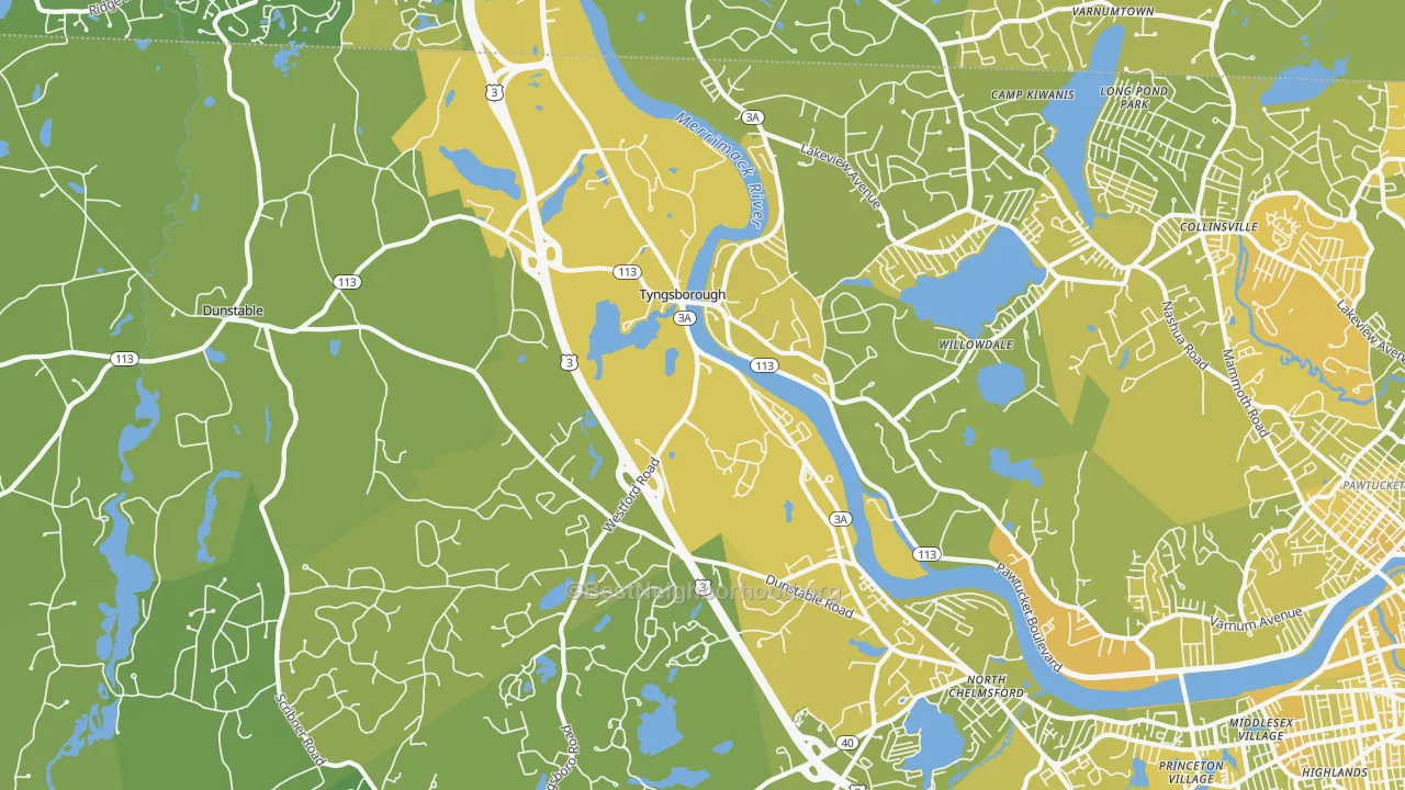 Map of the best neighborhoods in the Tyngsboro area, with better matches in green and worse matches in red