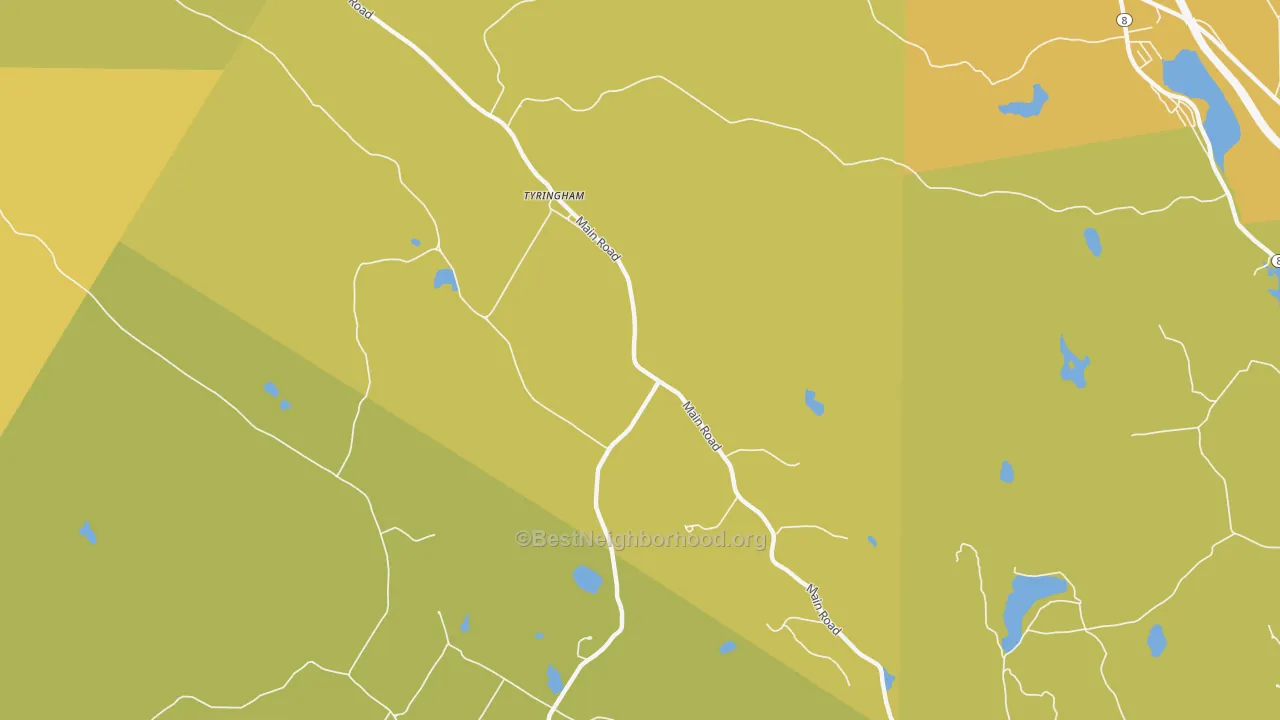 Map of the best neighborhoods in the Tyringham area, with better matches in green and worse matches in red