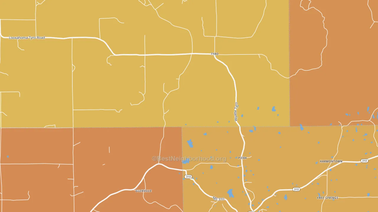 Map of the best neighborhoods in the Tyro area, with better matches in green and worse matches in red