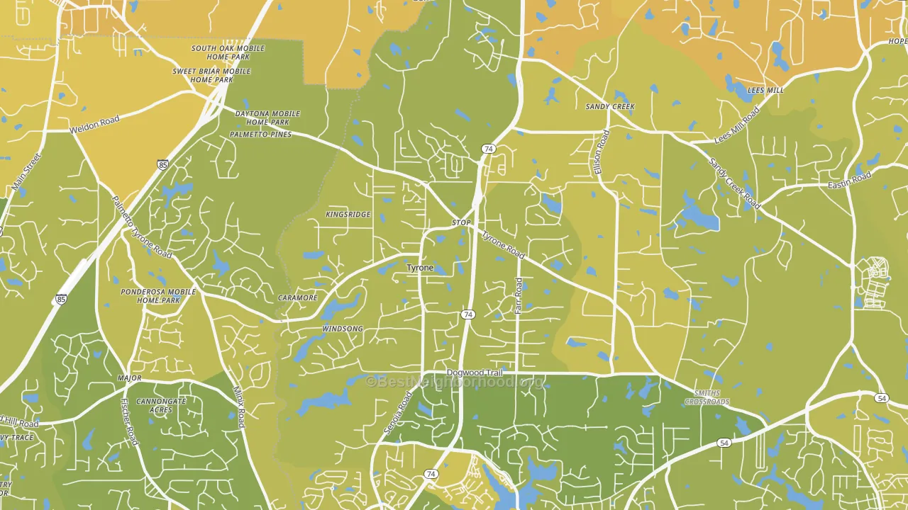 Map of the best neighborhoods in the Tyrone area, with better matches in green and worse matches in red