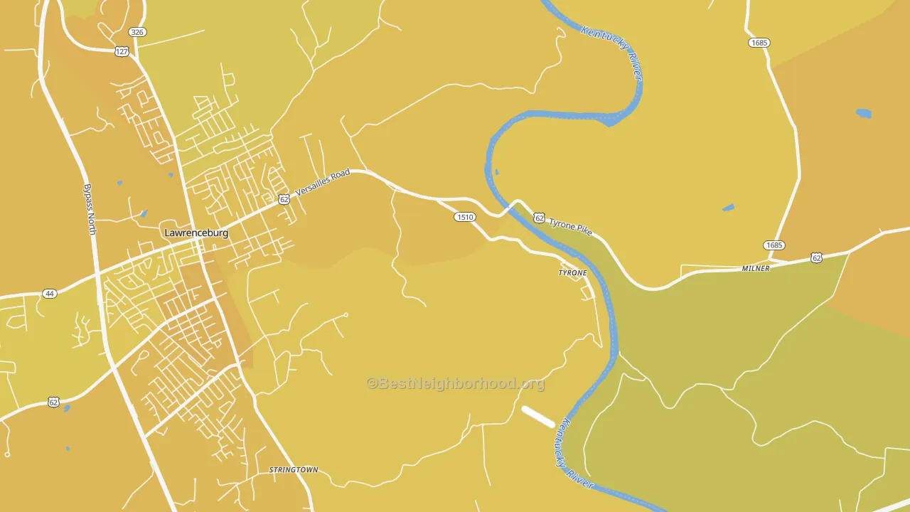 Map of the best neighborhoods in the Tyrone area, with better matches in green and worse matches in red