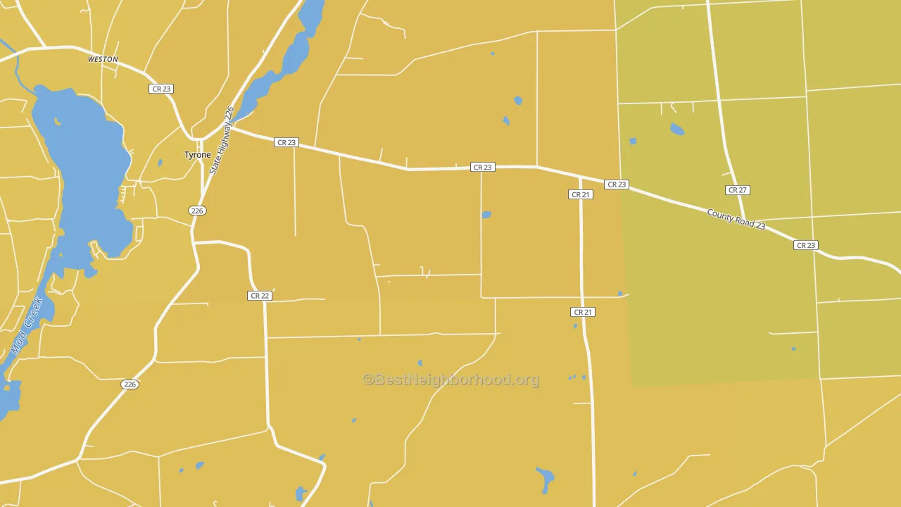 Map of the best neighborhoods in the Tyrone area, with better matches in green and worse matches in red