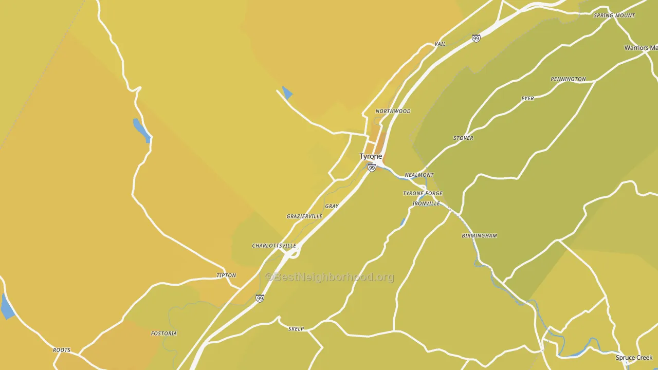 Map of the best neighborhoods in the Tyrone area, with better matches in green and worse matches in red