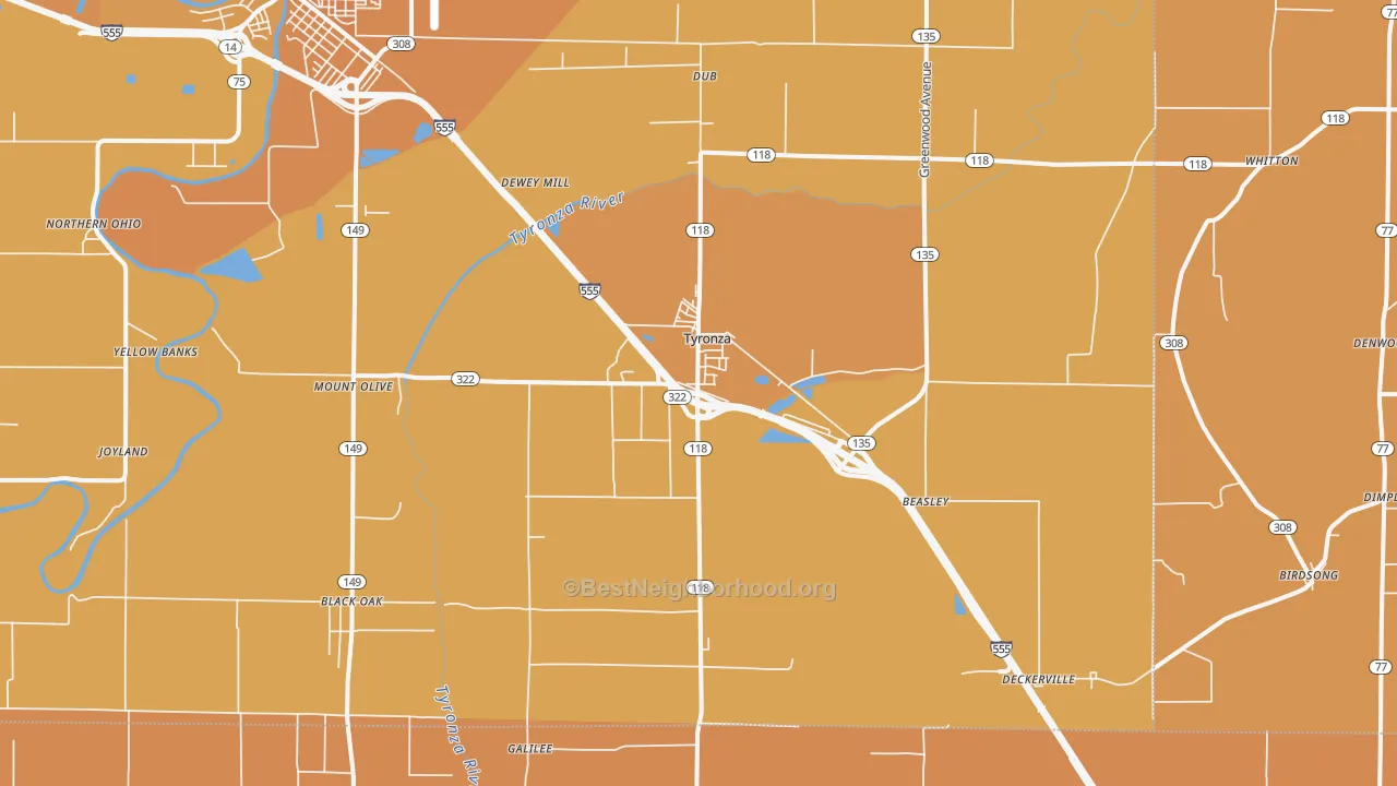 Map of the best neighborhoods in the Tyronza area, with better matches in green and worse matches in red